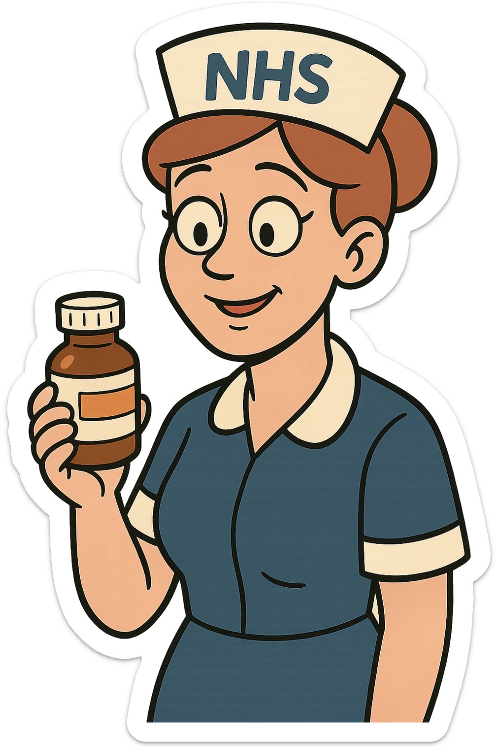 A nurse wearing a nurses hat with the letters NHS written on the hat.  The nurse looks caring and is holding a medicine bottle sticker