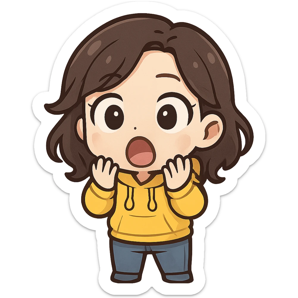 chibi emote of a woman in a yellow hoodie and jeans, surprised shocked expression, no headband, no sparkles, no wand, transparent background sticker