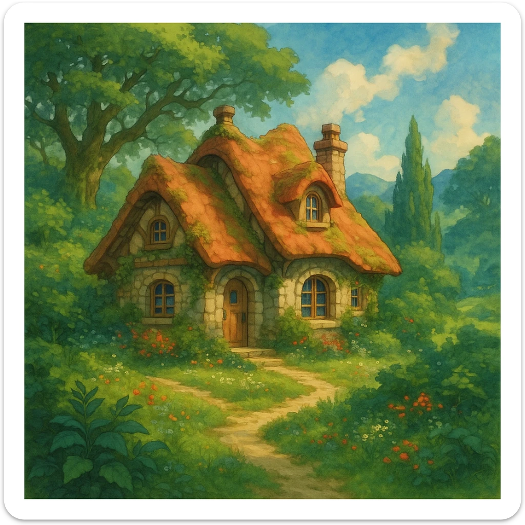 a cozy cottage in a magical landscape, ghibli style, detailed, enchanting, lush environment sticker