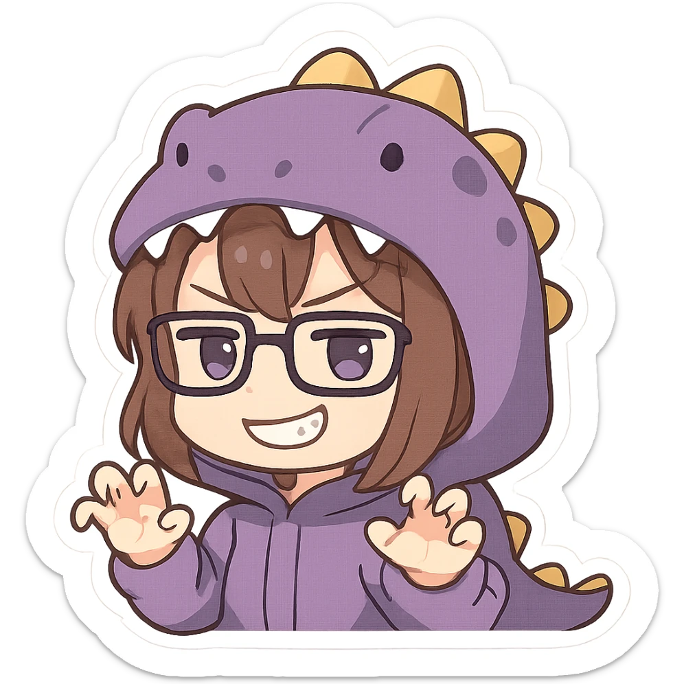 Chibi anime style girl with glasses, brown hair, dark purple eyes, wearing a purple dinosaur costume, smug expression, clawing the air with her hands, showing her teeth, no controller, no background. sticker