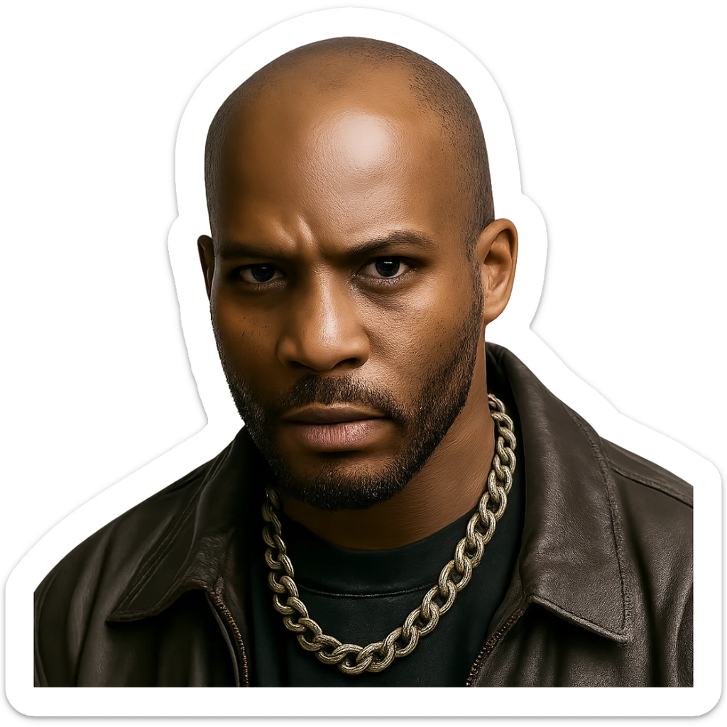 rapper DMX, close-up, intense eyes, goatee, chain necklace, hip hop fashion sticker
