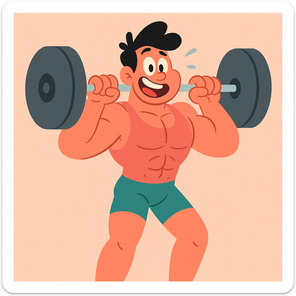 A muscular cartoon character lifting weights, CalArts 2010s cartoon style sticker