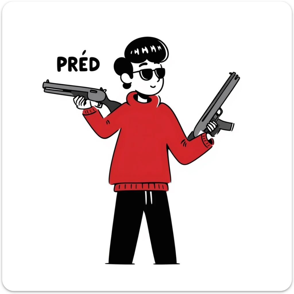 A guy in a red sweatshirt with sunglasses, with stylish black hair, holding a machine gun, and behind his back you can see the inscription: PRED sticker