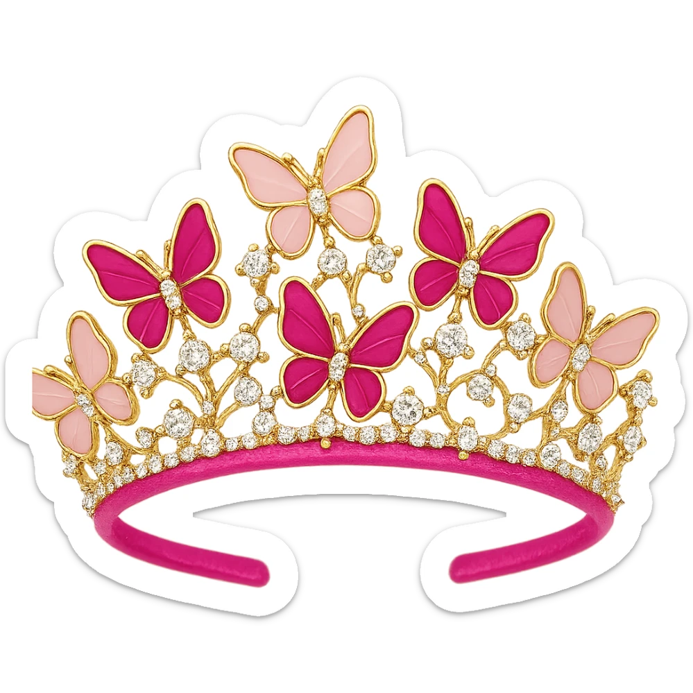 butterfly crown with a hot pink base, butterflies in magenta and blush enamel, sparkling gems, transparent background sticker
