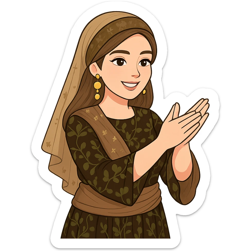 Kurdish cartoon sticker of the same woman in the new dress, clapping hands, congratulating, happy face, no text, transparent background sticker