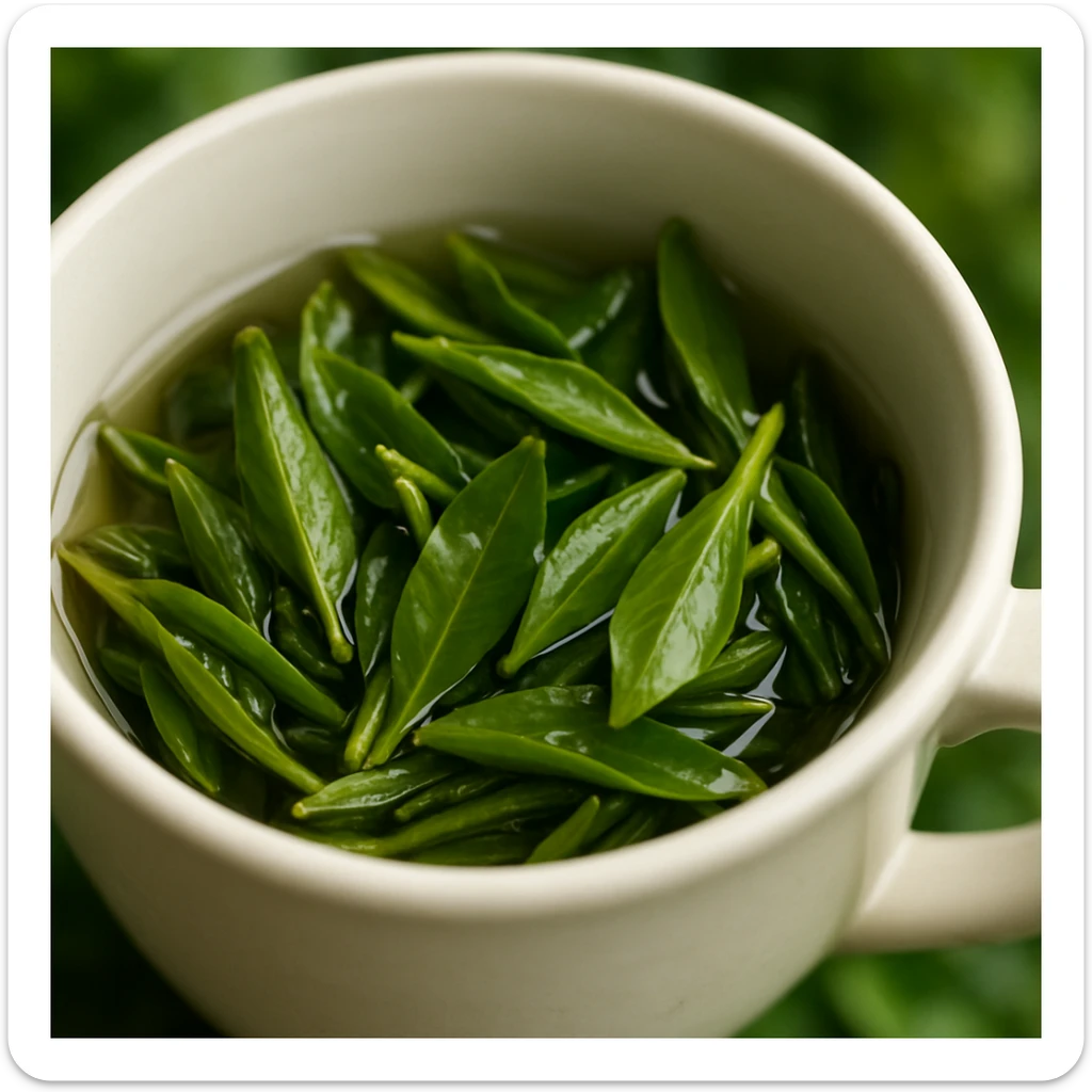 a close-up of tea leaves in a cup, with a fresh and natural look sticker