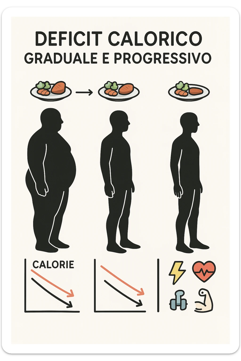 una sequenza di tre sagome umane affiancate, ognuna rappresenta una fase diversa di perdita di peso graduale. Sopra ogni figura, un piatto mostra porzioni di cibo bilanciate ma leggermente ridotte. Frecce e grafici illustrano una diminuzione lenta e costante dell’apporto calorico giornaliero, con icone che rappresentano energia, salute e mantenimento della massa muscolare. Sfondo pulito e moderno, con etichette chiare che spiegano “deficit calorico graduale e progressivo” in italiano sticker