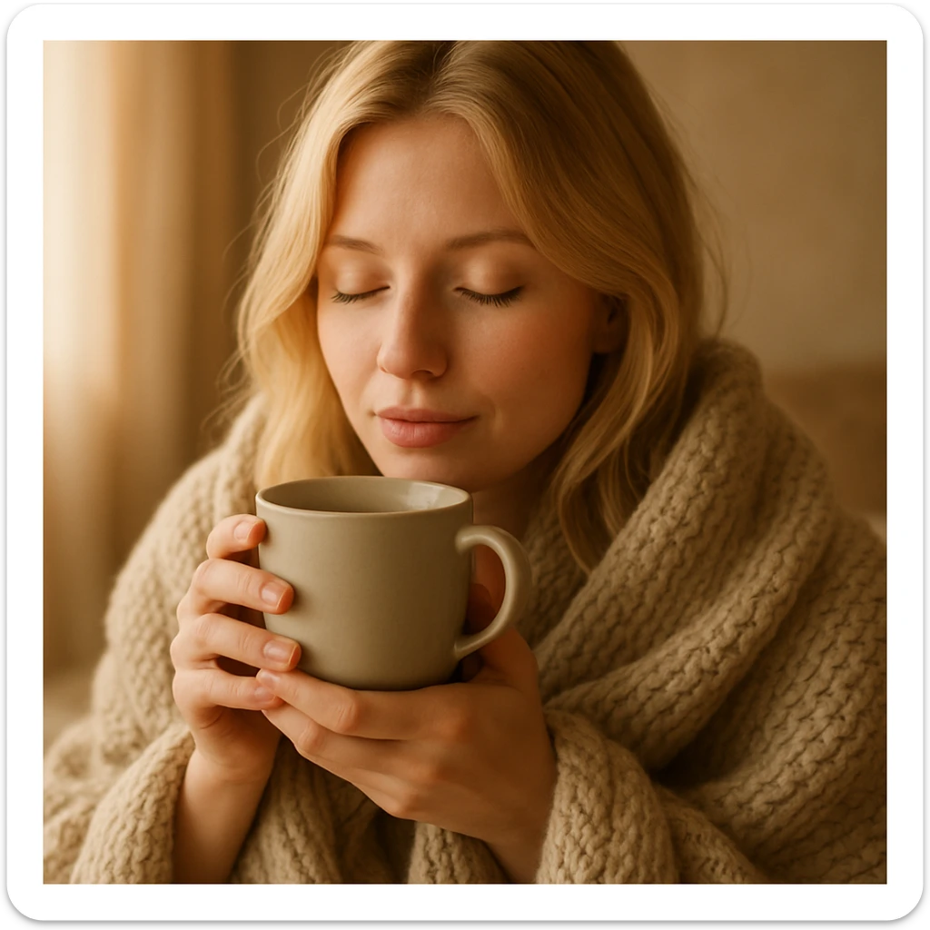 blonde girl cozy in a blanket, drinking coffee with eyes closed, warm and serene atmosphere, soft and cozy style sticker
