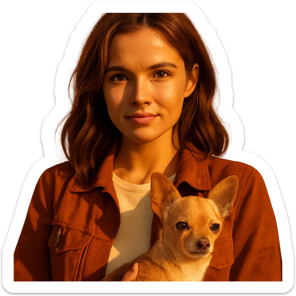 portrait centered of a woman inspired by Zoe Deutch's face, tanned complexion, subtle freckles, playful and determined expression, medium-length brown hair with auburn highlights, wearing a shirt color #FFF8CA, rust-colored jacket, holding a beige-brown chihuahua, golden hour lighting effect, transparent background, Netflix series style sticker