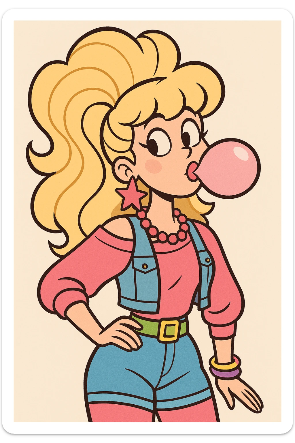 cheerful valley girl with big hair, bubblegum, trendy 1980s fashion, bright colors, fun accessories, playful expression sticker