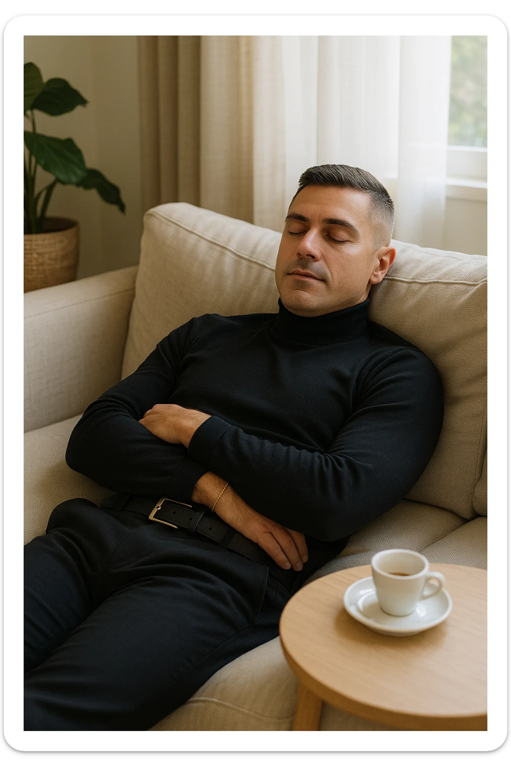 Uomo adulto in abiti casual in un ambiente domestico o ufficio tranquillo, mentre beve un caffè espresso con espressione consapevole. Subito dopo, si sdraia su un divano per un breve riposo di 20 minuti, occhi chiusi, posizione rilassata. La stanza è luminosa ma tranquilla, luce pomeridiana morbida che filtra dalla finestra. Atmosfera rigenerante e silenziosa. Accanto a lui, una tazzina vuota. Il suo viso appare calmo, in attesa del recupero energetico sticker