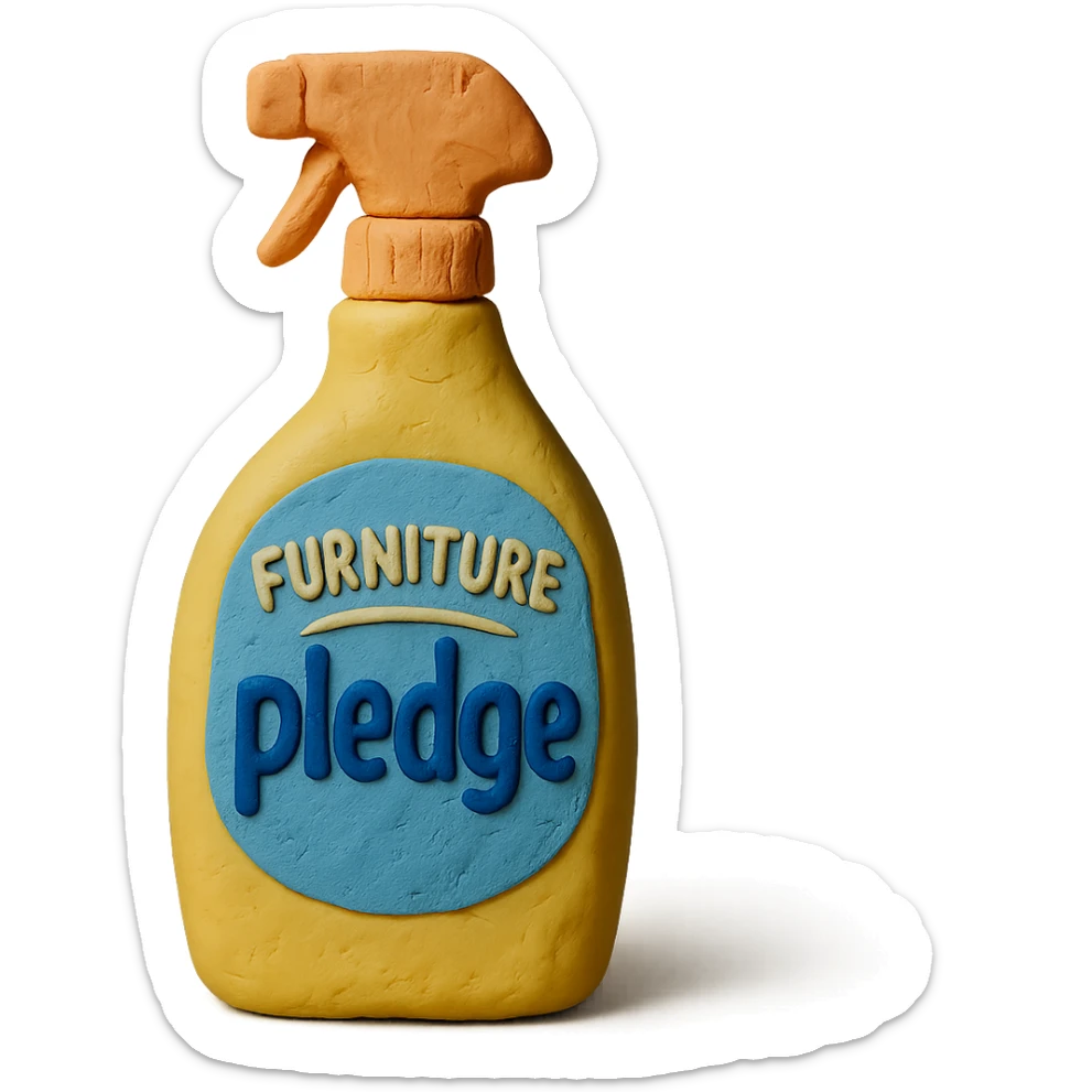 claymation style bottle of furniture polish inspired by Pledge, yellow and blue label, pastel colors, visible fingerprints, soft matte finish sticker