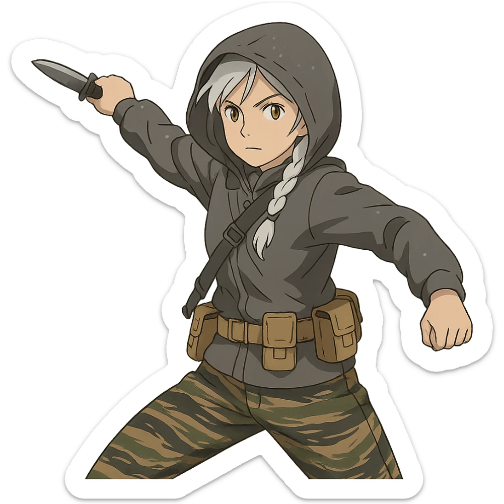 1 female, mid-20's  white hair long braid, gold yellow eyes, gray rainproof hoodie, hood up, single point sling, tan mag pouches on belt rig, tiger stripe camo pants, holding a combat blade, striking, swing sticker