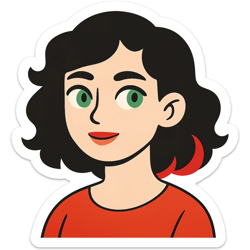 flat toon style girl with green eyes, white skin, wavy black hair, red hair at the back of her neck sticker