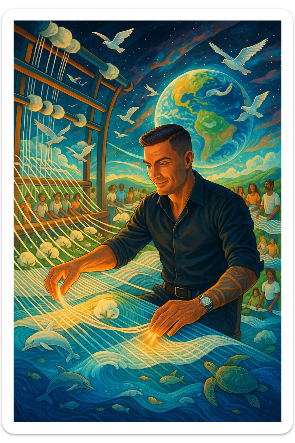 Uomo del 2030 al telaio gigante cosmico che tesse il destino del pianeta con fili di cotone stellare, ogni fibra naturale che intreccia ripara una parte dell'ecosistema terrestre, dita che brillano mentre guidano i fili di cotone attraverso dimensioni parallele, tessuto che si estende dall'atmosfera fino alle profondità marine, creature marine che nuotano attraverso le onde del tessuto acquatico, uccelli che volano seguendo i pattern del tessuto aereo, humanity unita che indossa vestiti di cotone e partecipa alla grande tessitura collettiva della salvezza planetaria sticker