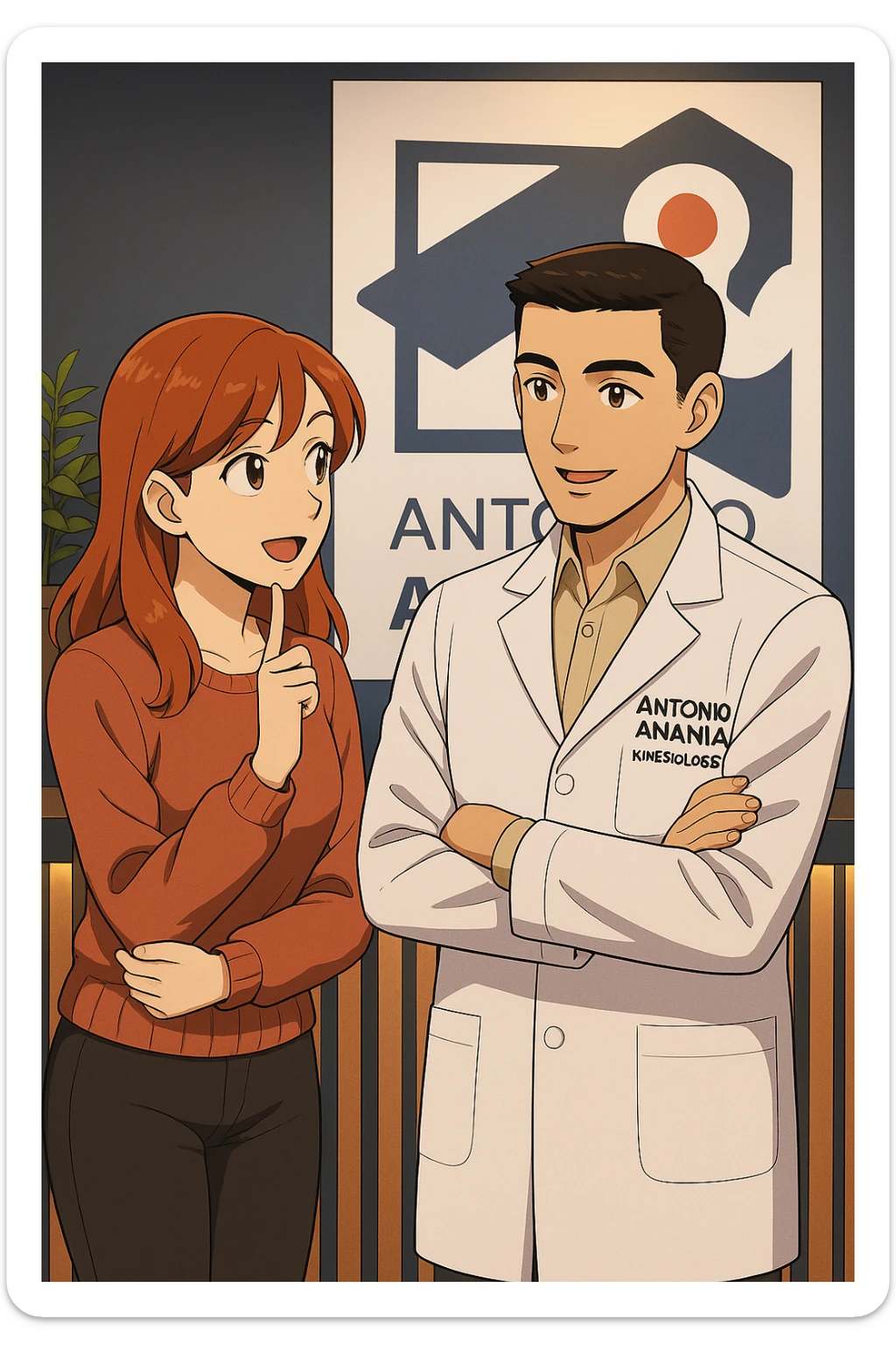 su questo stile fai un manga/webtoon a colori in cui una donna incuriosita fa una DOMANDA ALL'UOMO, l'uomo della foto in stile manga LE risponde, mantieni un ambiente simile alla foto che ho allegato con il suo logo (sarebbe il suo studio, lui è un kinesiologo), scrivigli "ANTONIO ANANIA" sul camice bianco, non mettere fumetti, ma fai in modo che sembri che la donna CHIEDA curiosa E L'UOMO le risponda sticker