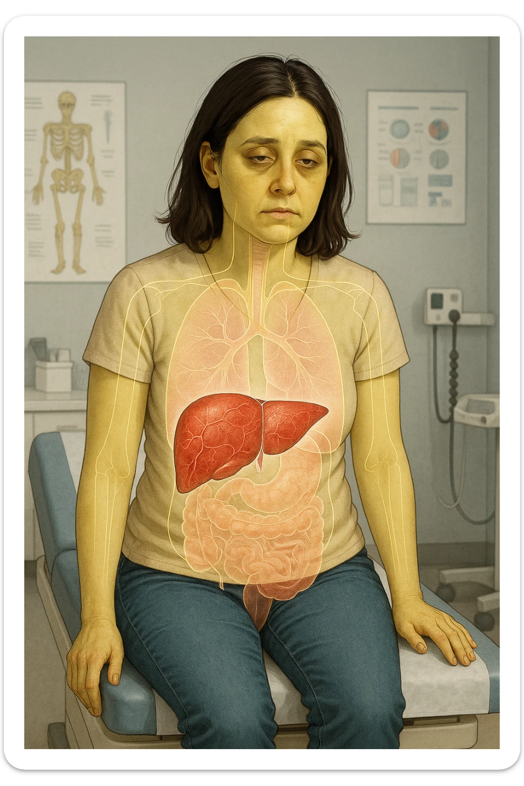 a woman in her 30s sits on a doctor’s examination table, her skin slightly yellowish (jaundice) and her expression tired. A transparent anatomical overlay highlights her liver, which appears enlarged and inflamed with a reddish, congested look. Subtle visual cues—such as dark circles under her eyes and a bloated abdomen—emphasize the symptoms of liver overload and toxicity. The background is a clinical setting, with medical charts and equipment. sticker