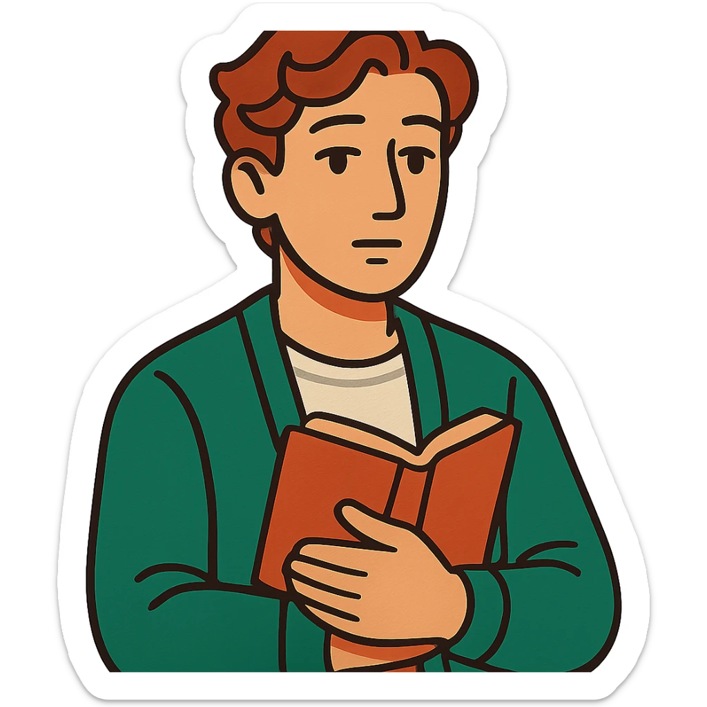Calm and thoughtful male confidant, fair skin, soft wavy brown hair, gentle eyes, wearing a green cardigan over a light shirt, holding an open journal close to chest, waist-up, front-facing, pure background sticker
