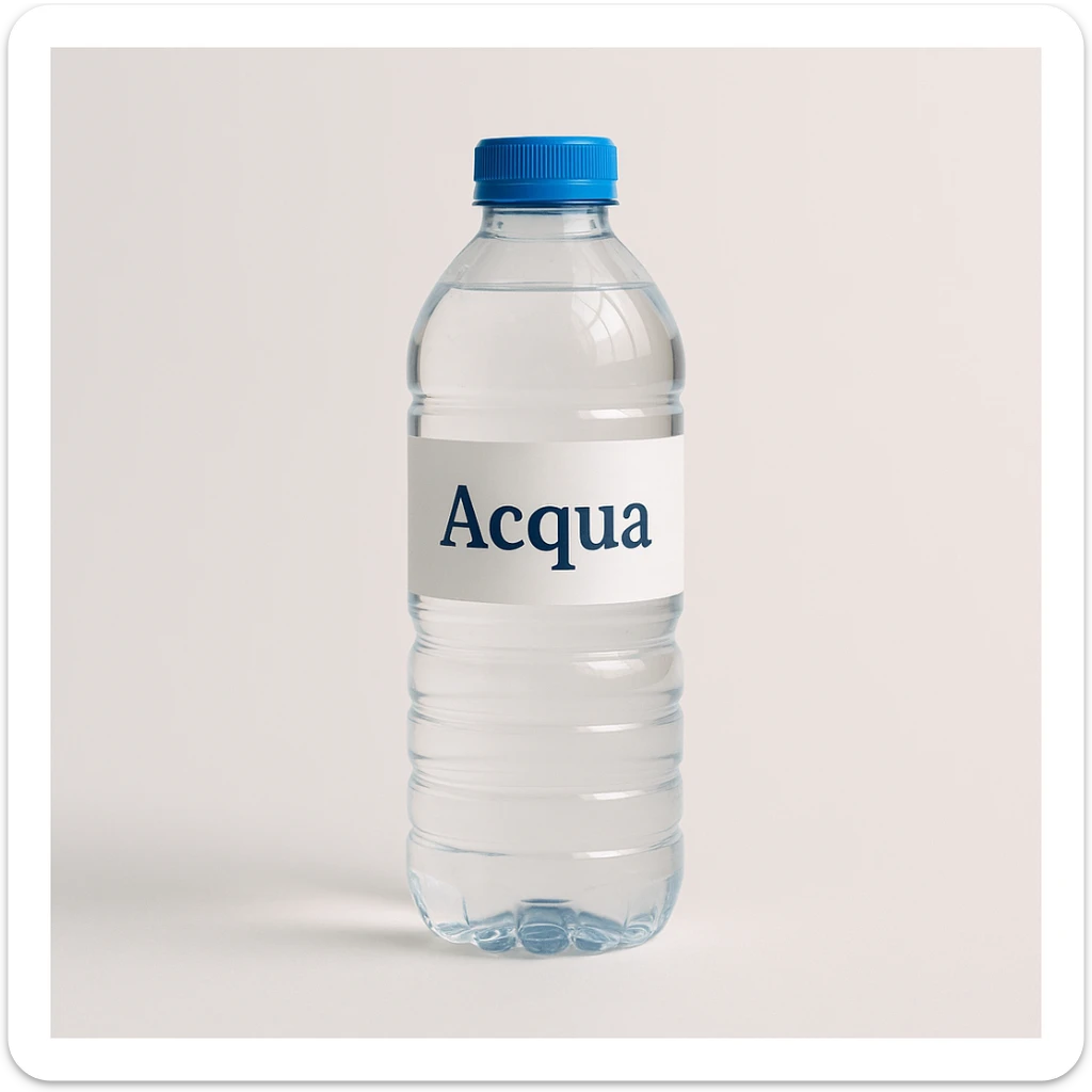 photo realistic water bottle on light background with the word 'Acqua' in Italian sticker