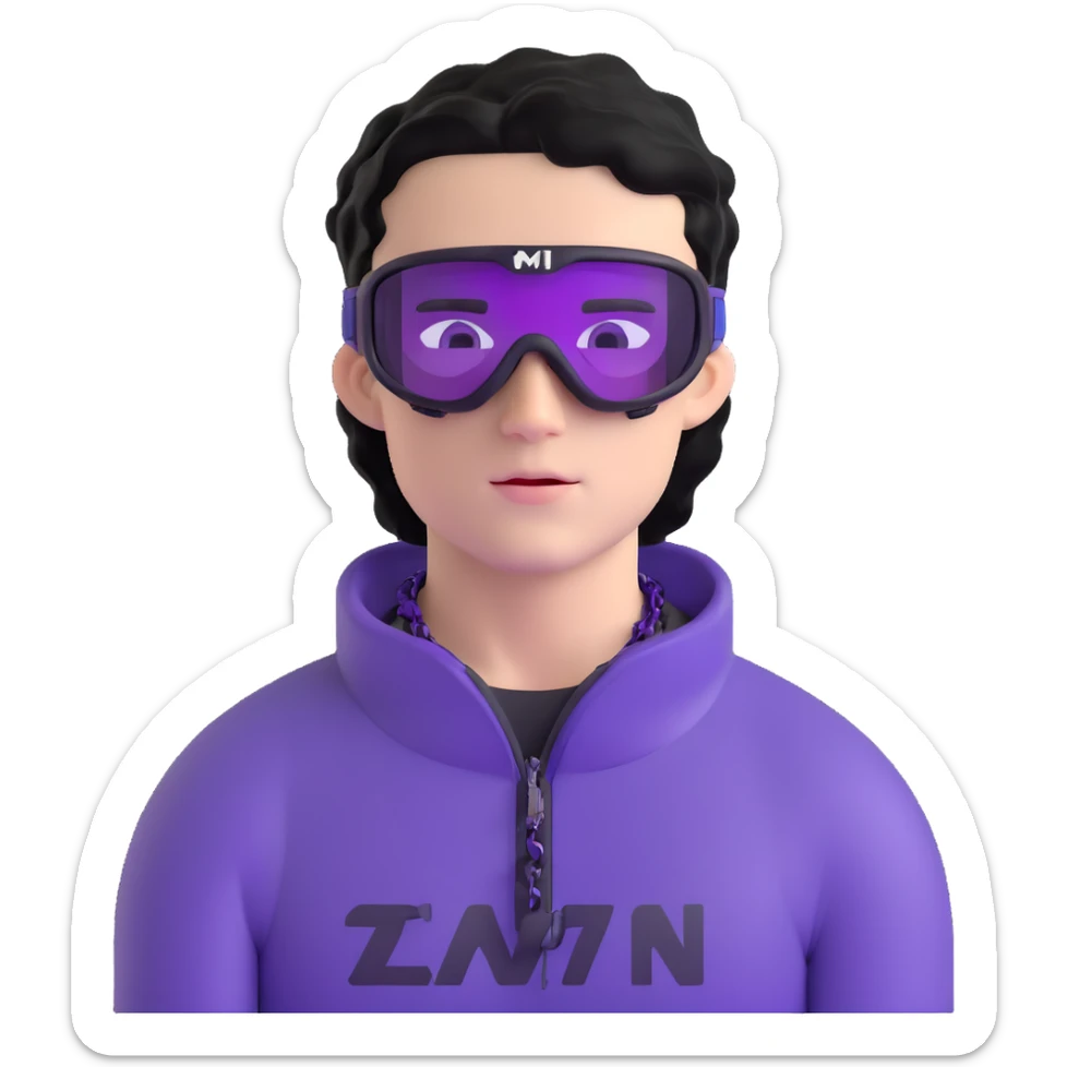 shirtless male athlete with white skin and moderately curly black hair on top with shaved sides, wearing ski goggles with purple frames/outline and very dark heavily tinted black lenses that completely hide the eyes, and a simple plain black chain necklace, no earrings sticker