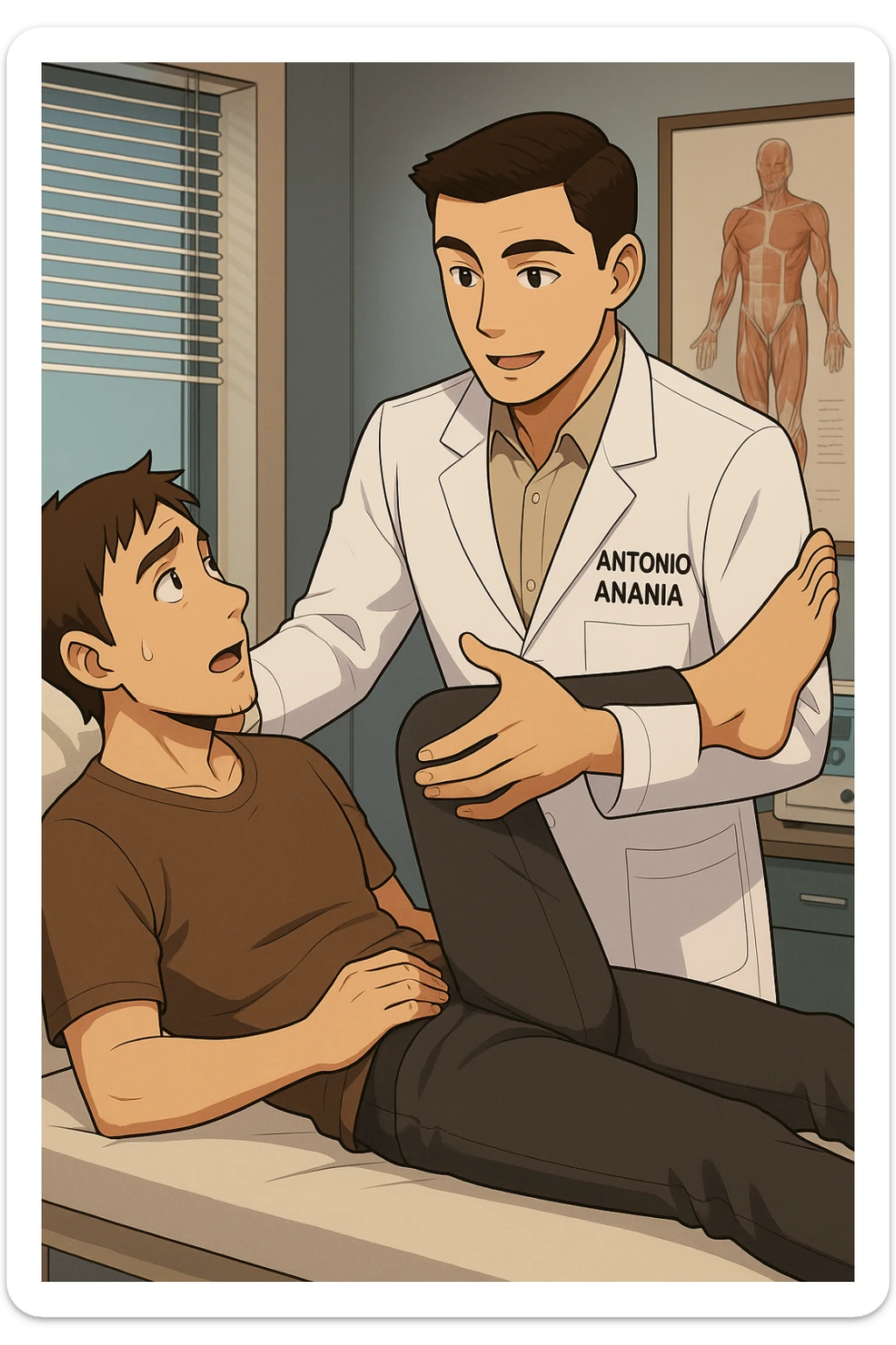 fai un webtoon manga a colori con questo stile, in cui un uomo è steso sul lettino medico e il kinesiologo con il camice bianco (fagli anche la scritta "ANTONIO ANANIA" SUL CAMICE, gli solleva una gamba per fargli il test neuromuscolare, IL KINESIOLOGO SPIEGA ALL'UOMO UNA cosa mentre gli alza la gamba. non fare i fumetti però, fai solo in modo che sembri stiano parlando sticker