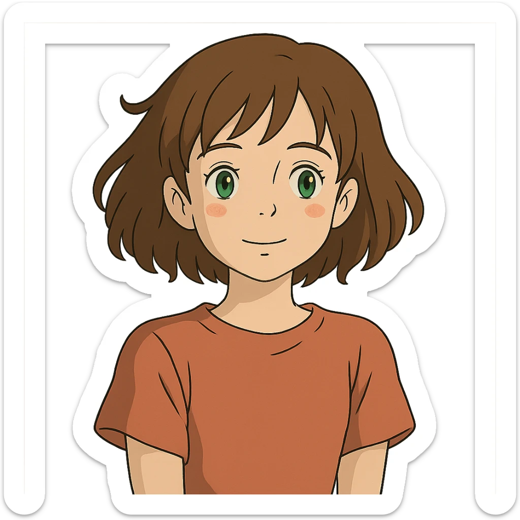 ghibli style girl with green eyes and slightly wavy brown hair sticker