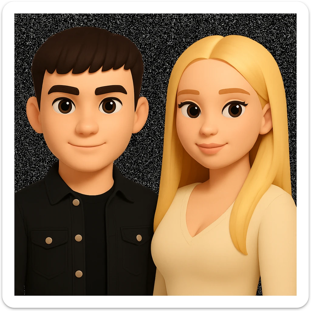 Slightly increase the volume of the upper body of the girl, separate the girl and the boy from each other, and make the skin color the same for both characters. Maintain the cartoonish 3D style as in the reference image. sticker