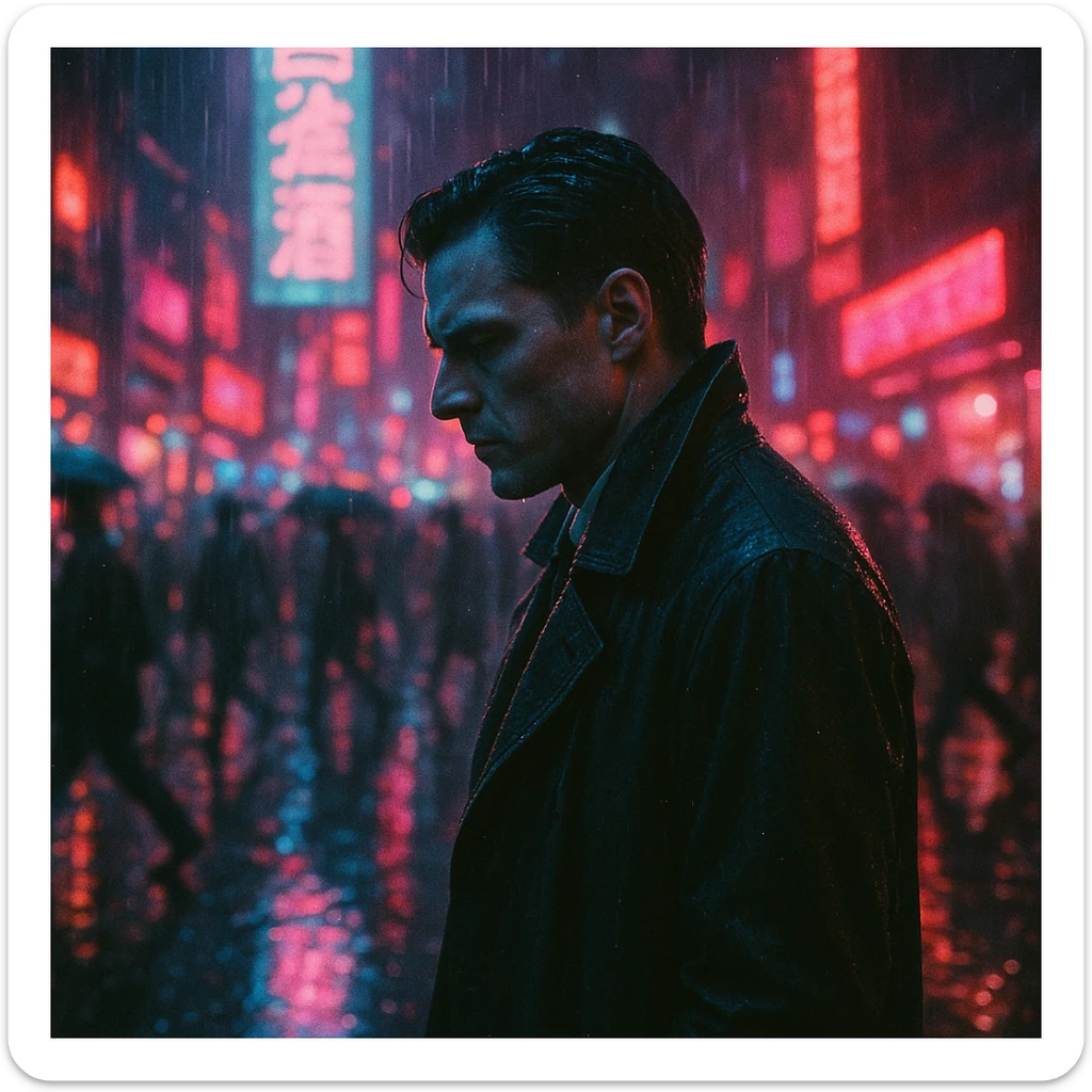 noir cyberpunk city scene, man in trench coat walking through neon-lit rain, dramatic side profile, neon blue and pink lights, wet street with reflections, busy urban crowd blurred in motion, 35mm film look, analog grain, tense and introspective mood sticker