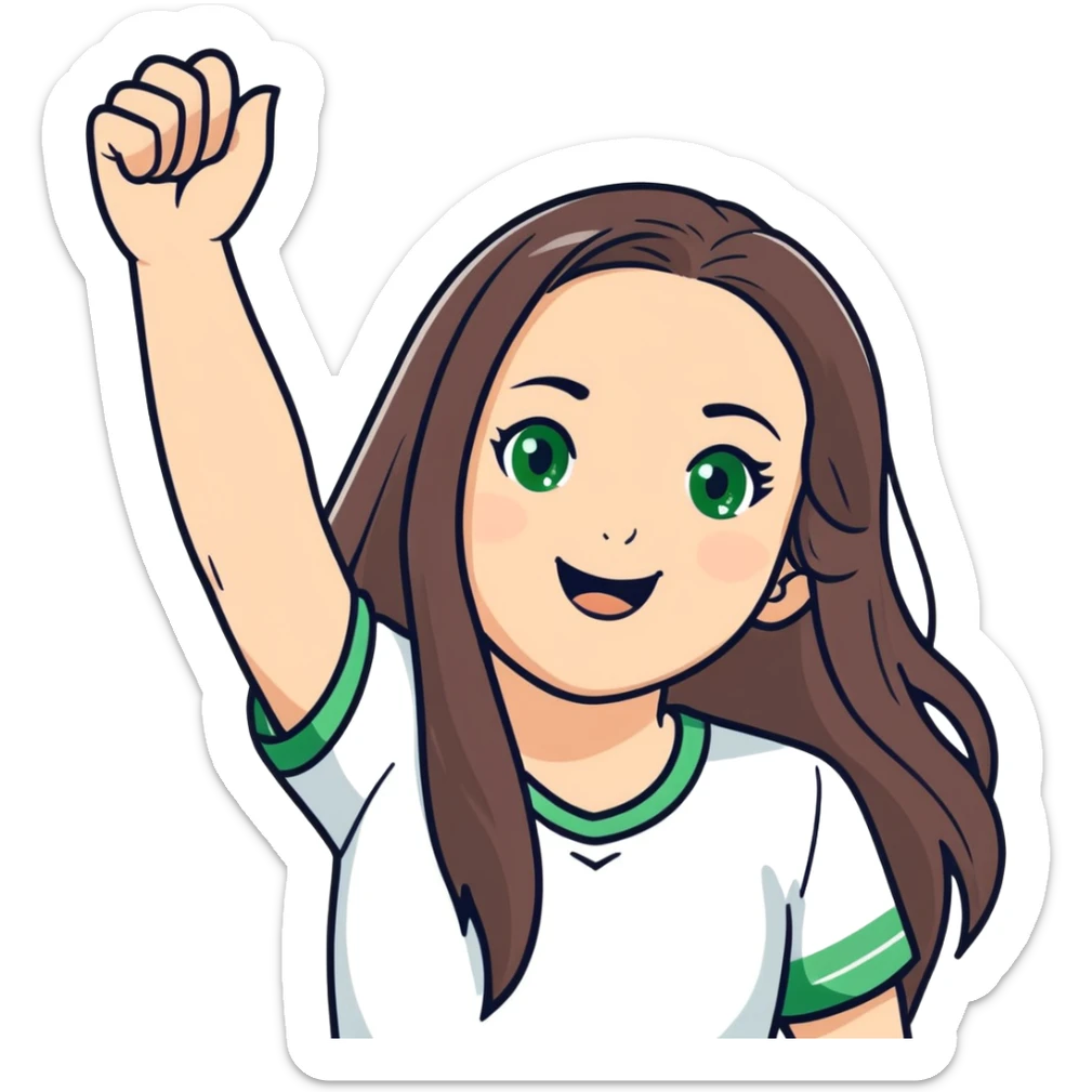 white girl, long brunette hair, green eyes rejoices in victory sticker