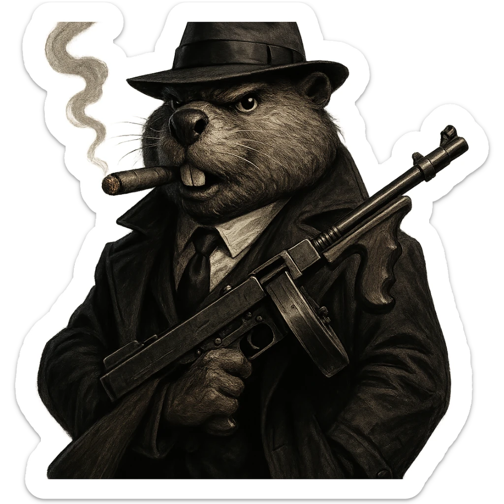 confident anthropomorphic beaver as a 1920s gangster, wearing a black suit, trench coat, white shirt, black tie, fedora hat, smoking a cigar, holding a Tommy gun, dramatic gritty noir lighting, realistic cartoon style, transparent or simple background sticker