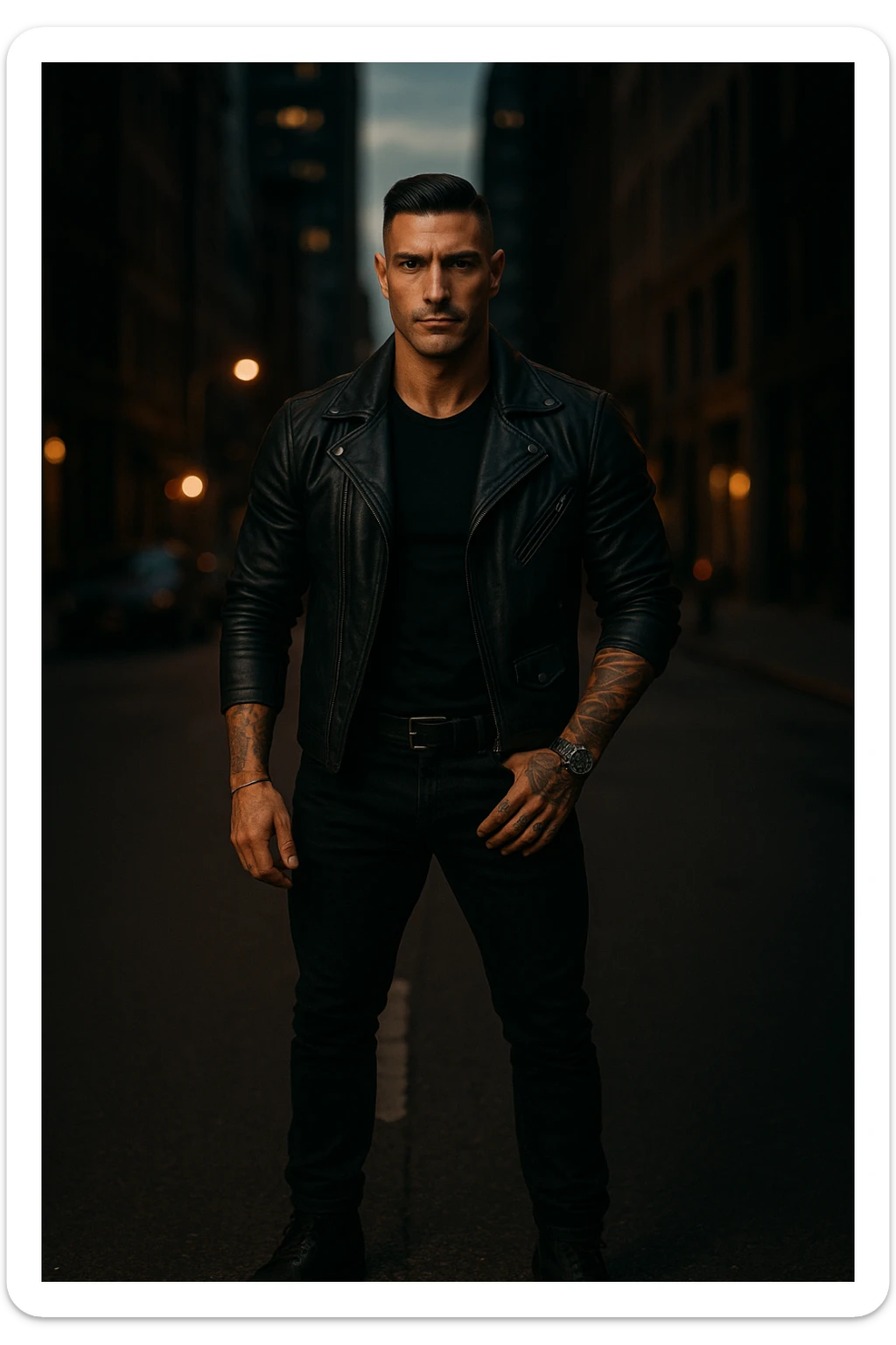 A confident, strong man standing in the middle of a city street at dusk, wearing a black leather jacket and boots, sharp jawline, intense gaze. Radiating masculine energy. Cinematic lighting, moody urban background, dramatic shadows, shallow depth of field. 35mm film style sticker
