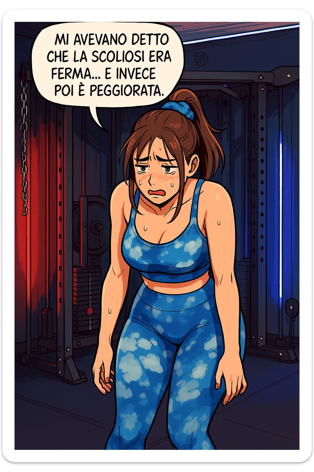 fai questa immagine in versione fumetto/manga/webtoon a colori, il manga mostra la donna disperata con un fumetto sulla testa che dice:
Mi avevano detto che la scoliosi era ferma… e invece poi è peggiorata.
 sticker