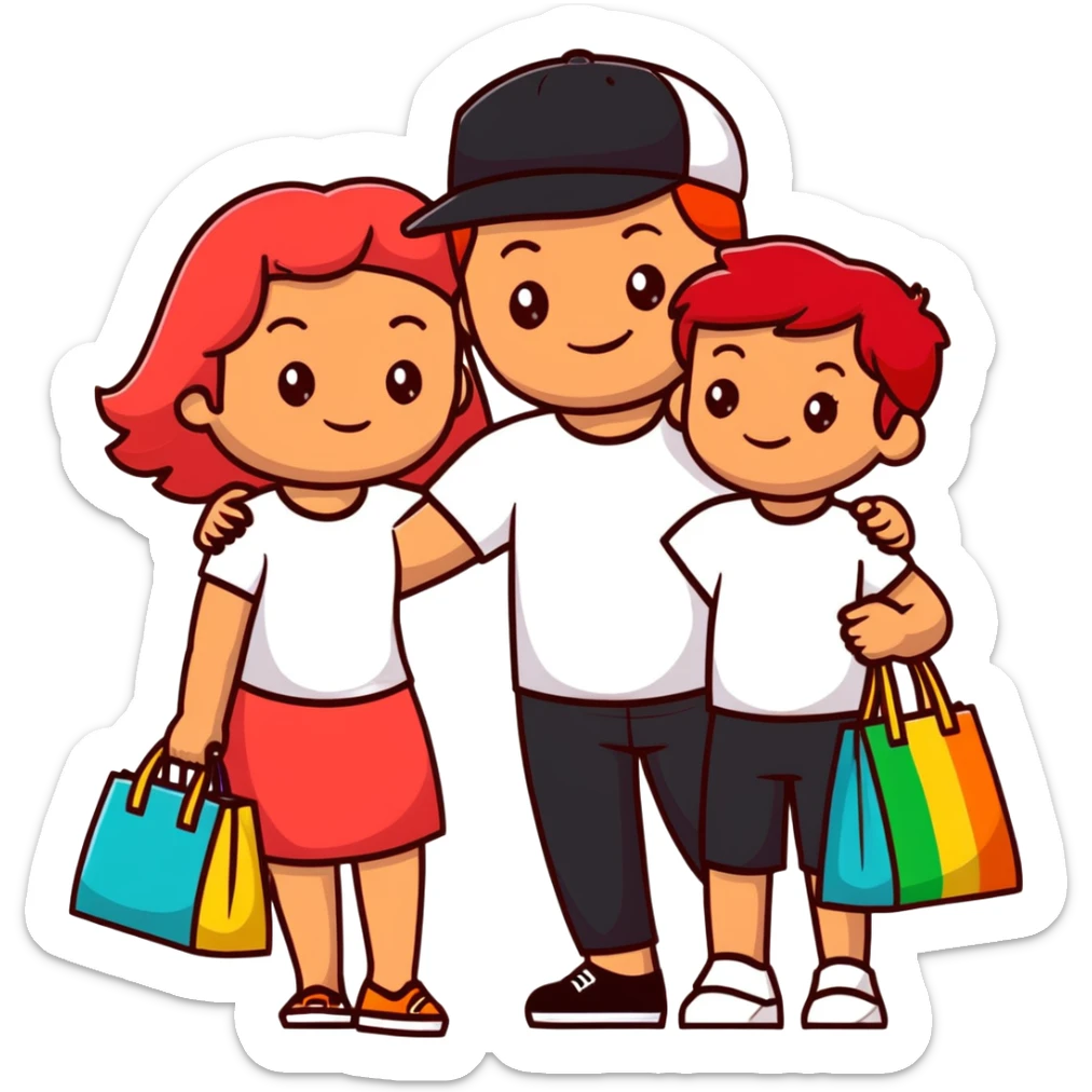 A happy family of four - father in white t-shirt and cap, mother with red hair in coral dress, young daughter in matching dress with rainbow handbag, teenage son in light embroidered shirt, all smiling together sticker