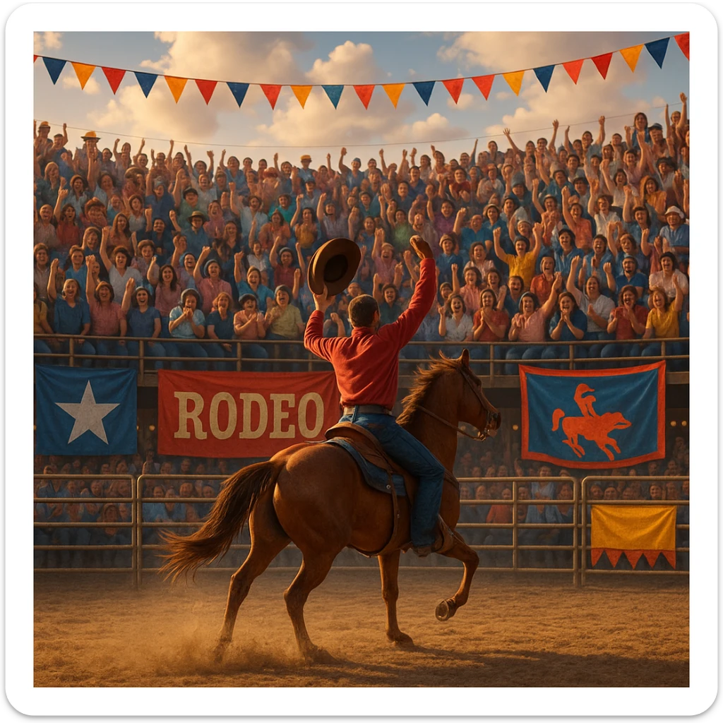 rodeo arena with cheering audience, banners, and a cowboy waving hat, festive atmosphere sticker