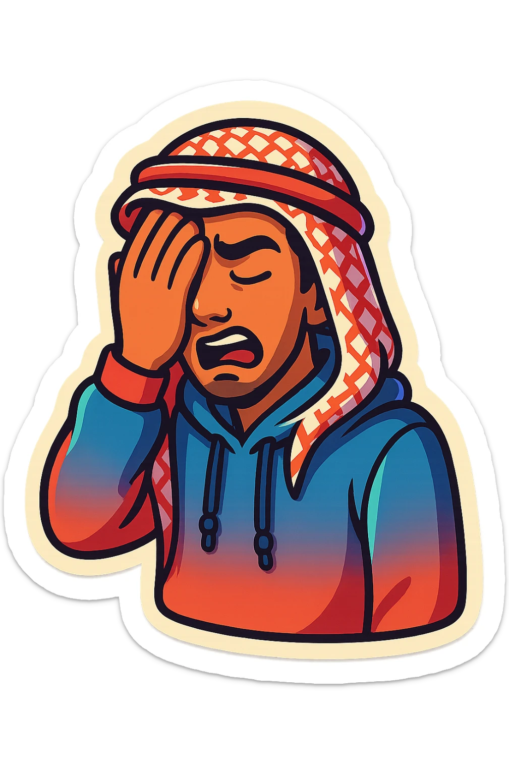 cartoonish, bold, vibrant emoji-style sticker of Ara, an Arab young man with medium brown skin, black hair, wearing casual urban Middle Eastern streetwear like a keffiyeh scarf or hoodie, facepalming with exaggerated expression sticker