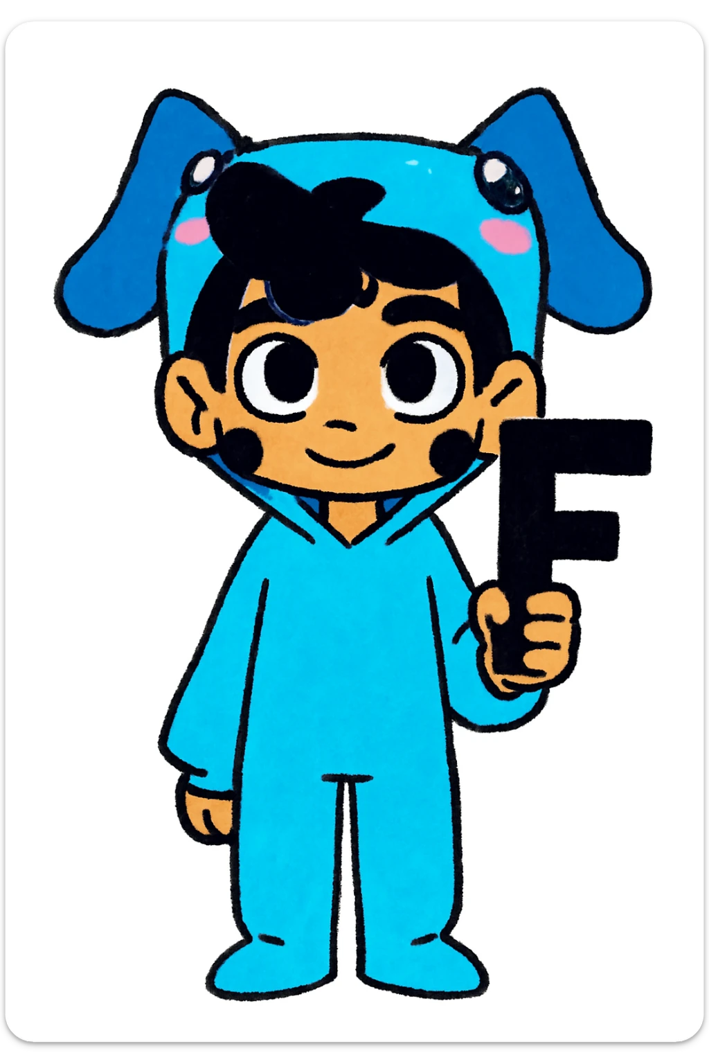 Add a bold black letter F in the character's right hand, keeping the original style and pose intact. Only add the letter, do not change anything else. sticker