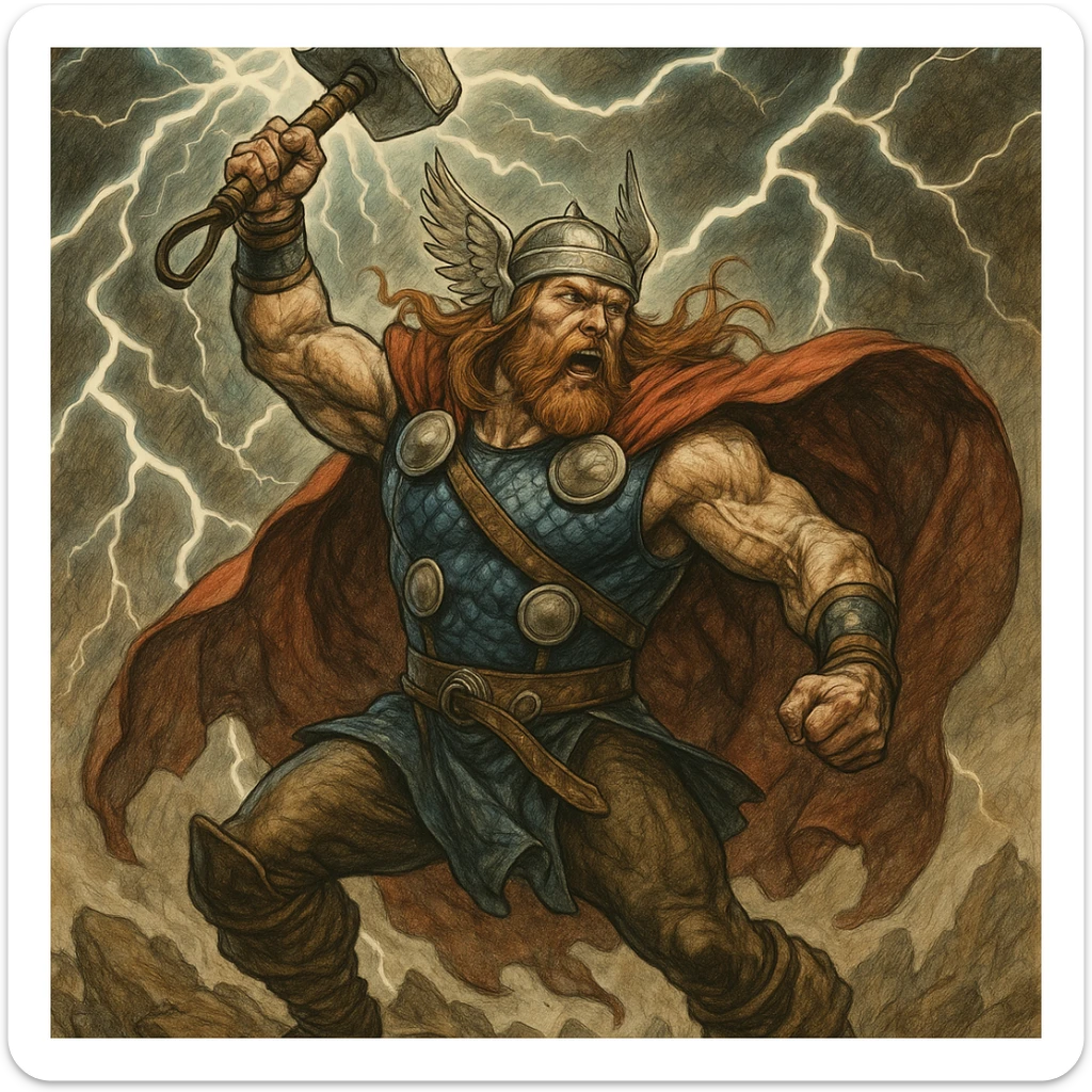 Thor, Norse god of thunder, with hammer, in a dynamic pose, detailed illustration sticker