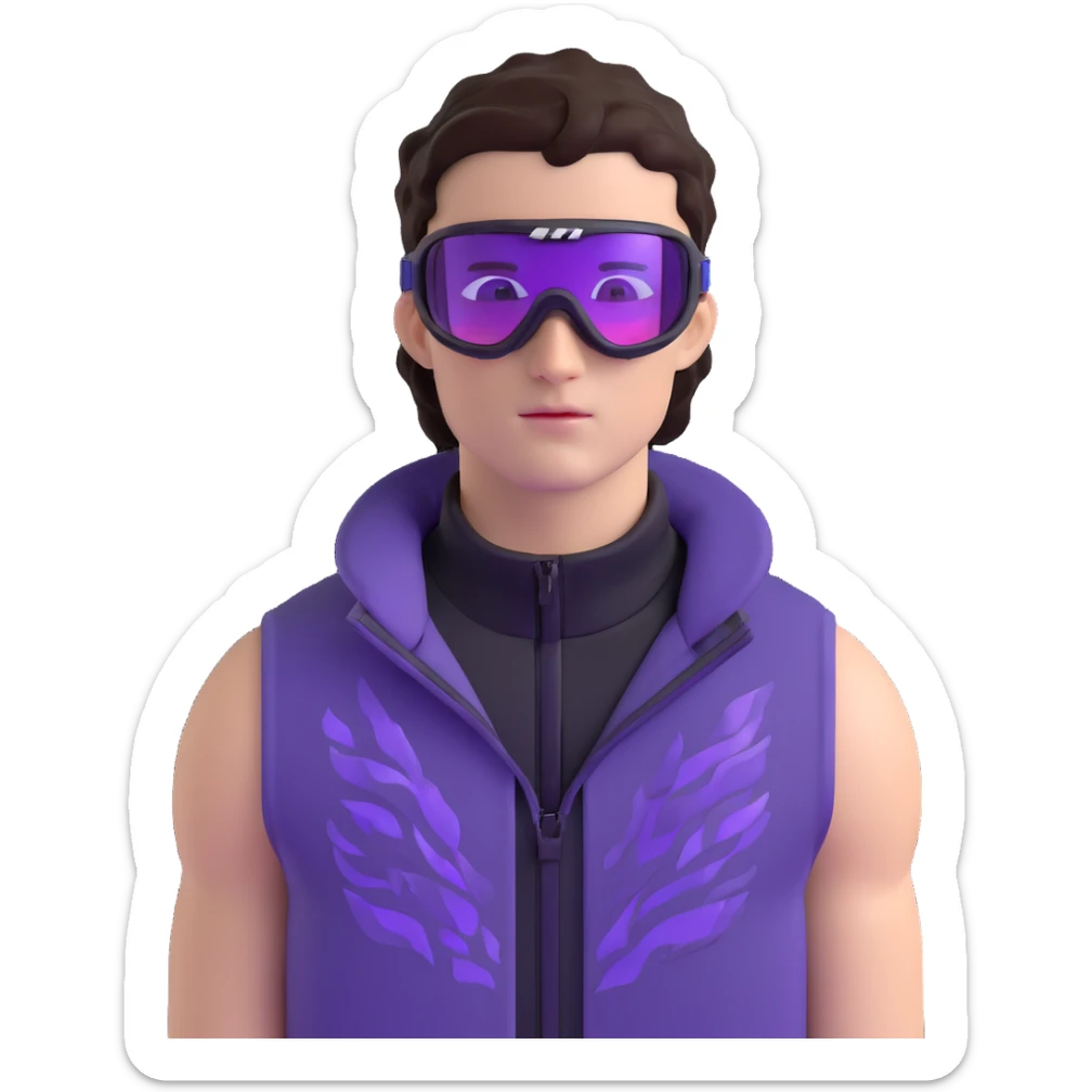 close-up of male athlete with white skin and moderately curly dark brown hair on top with shaved sides, wearing ski goggles with purple frames and very dark black lenses, a simple plain black chain necklace, and a completely unzipped sleeveless vest with purple and black sequin fire pattern design with no logo, frame centered on face and upper chest sticker