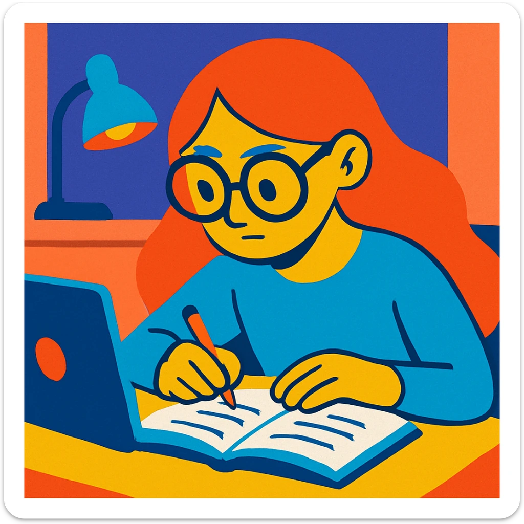 a girl with long hair and specs, concentrating on her work, vibrant cartoon style sticker