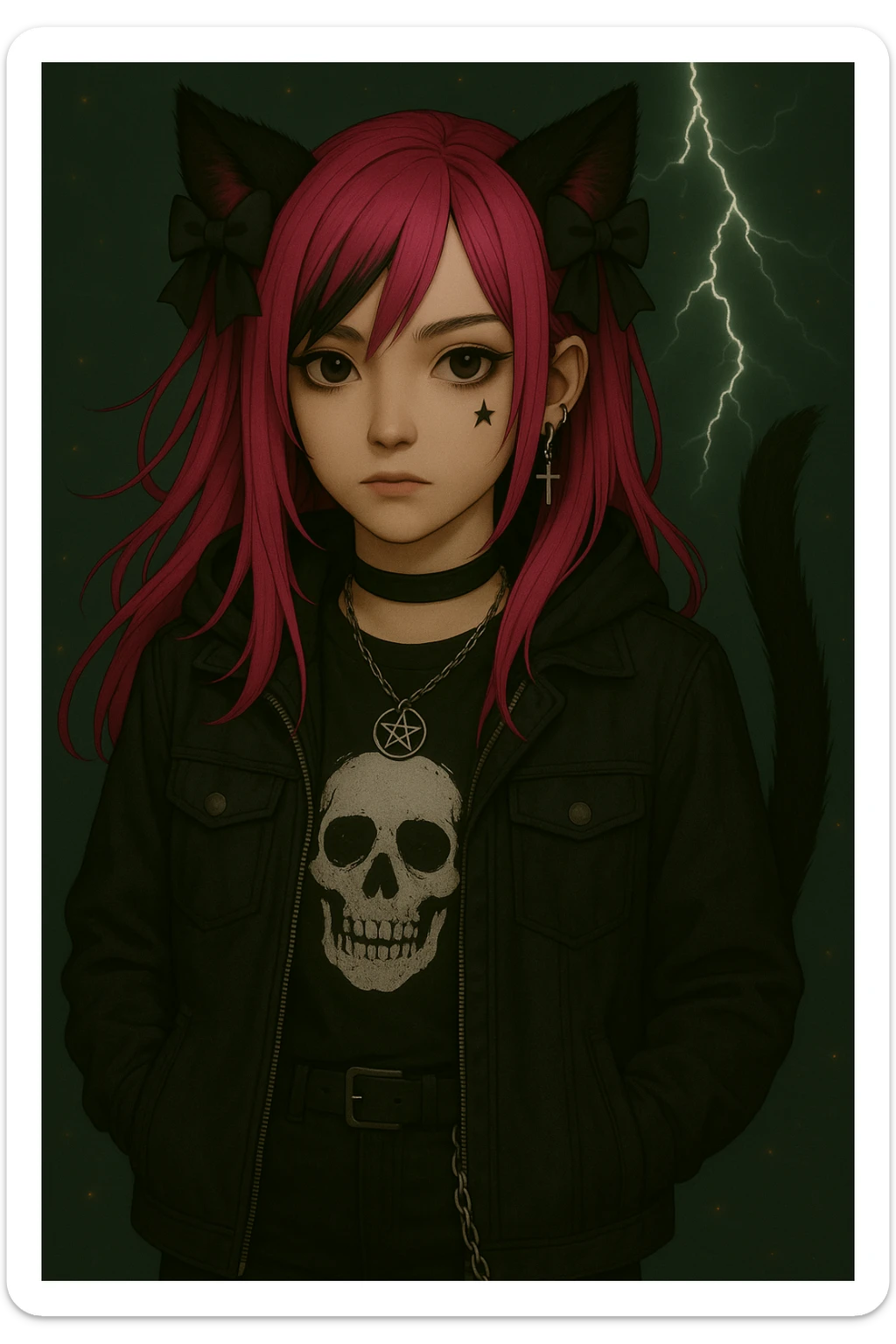 Add a stylish face tattoo, such as a small heart or star under the eye, to the character in the image. Keep the modern streetwear outfit, emo style, pink hair, dark magical accessory, sparkles, stormy background, and normal face. Render in a realistic anime style. sticker