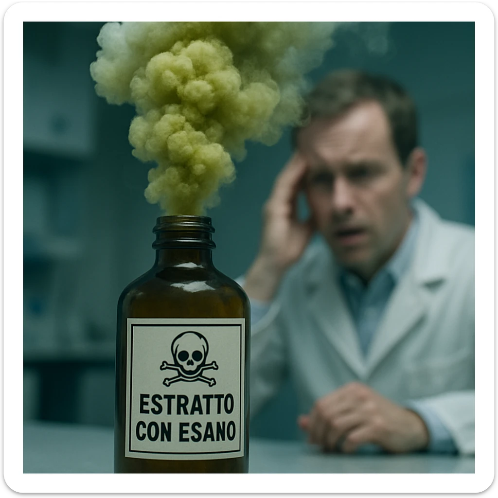 Enhance the toxic vapor coming out of the bottle to be much more visible and dramatic, resembling a threatening cloud. Highlight the chemical label 'Estratto con esano' making it clearly readable and central in the scene. Further blur the person in the background, emphasizing their worried expression. Maintain the photorealistic style, surreal atmosphere, and cold clinical lighting. sticker