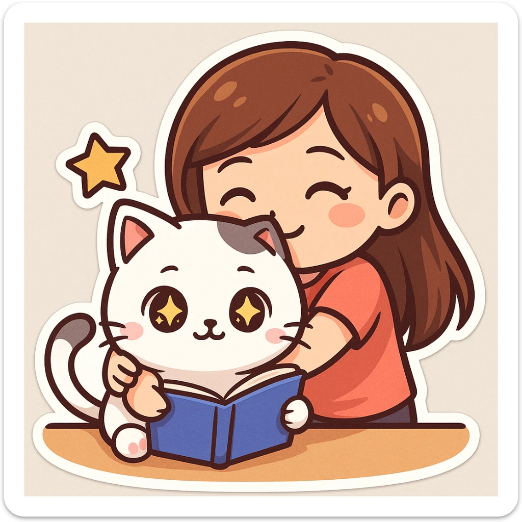 A kitten sitting at a table holding a book with stars in its eyes, and a girl hugging him from behind, sticker style. sticker