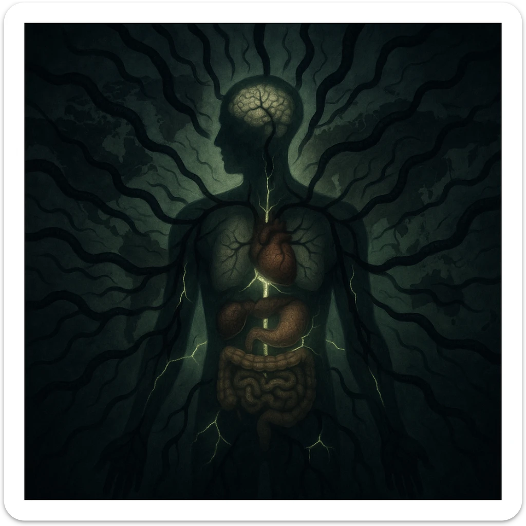 semi-realistic, high contrast lighting, moody and allegorical medical-fantasy atmosphere; surreal scene with dark, worm-like forms radiating from a single, semi-transparent human silhouette at the center, branching into every organ including brain, heart, gut, joints; the forms extend outward into a faint world map background suggesting global impact; the body and map are divided by glowing cracks where the parasites penetrate, with a sickly green mist seeping from every fissure sticker