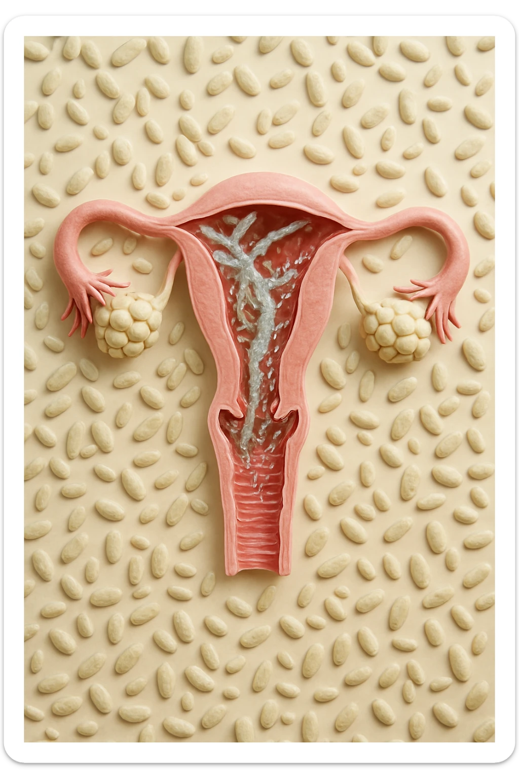 utero umano realistico con batteri della candida intorno, la foto si deve vedere per intero in formato verticale, sfondo neutro chiaro, iperrealistico 4k sticker