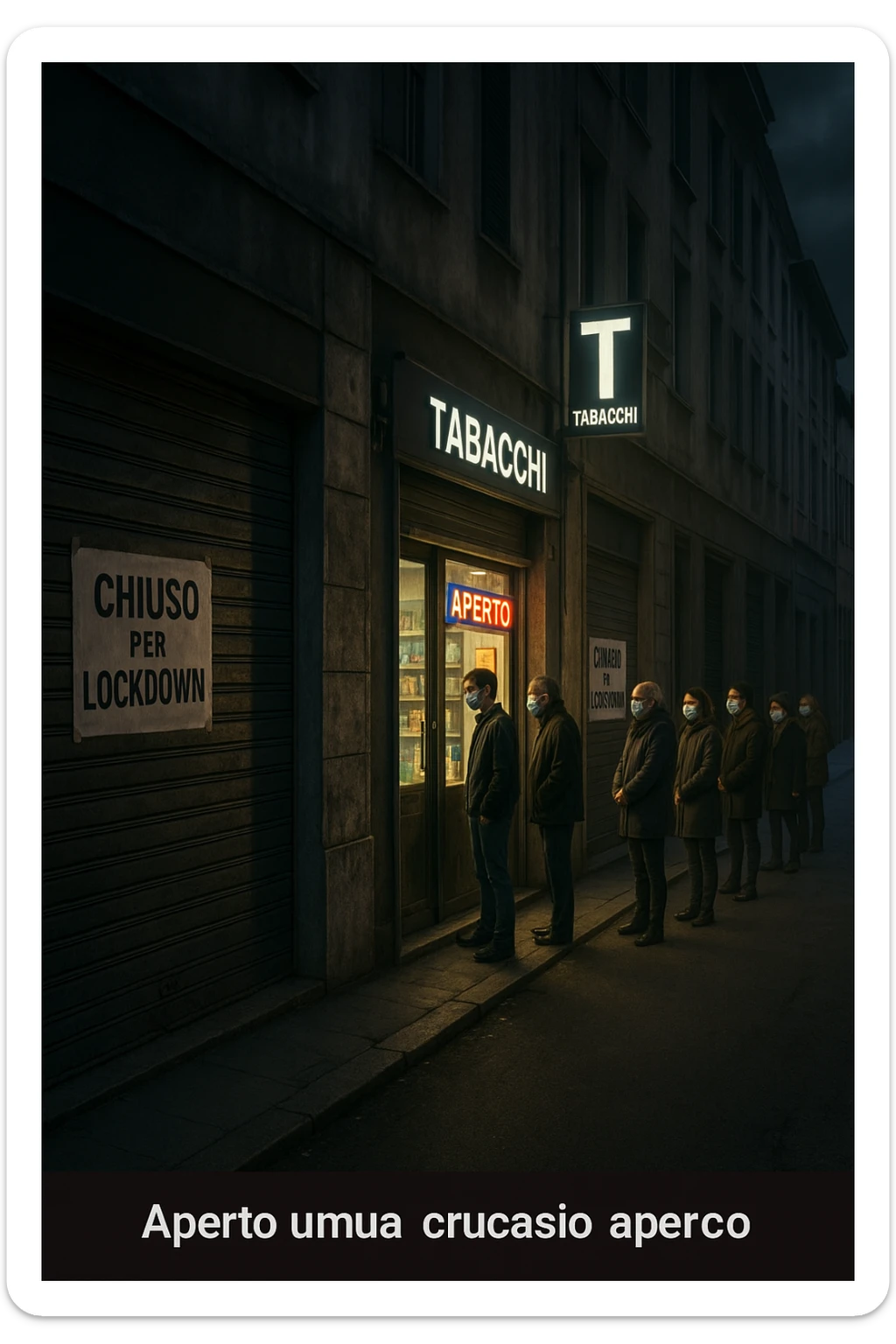 a deserted city street with all shops and businesses shuttered, their windows covered with “Chiuso per Lockdown” signs. In contrast, a brightly lit tobacco shop stands open, with a glowing “Aperto” sign and people lined up outside, all wearing masks. The mood is somber and critical, highlighting the paradox. in italiano sticker