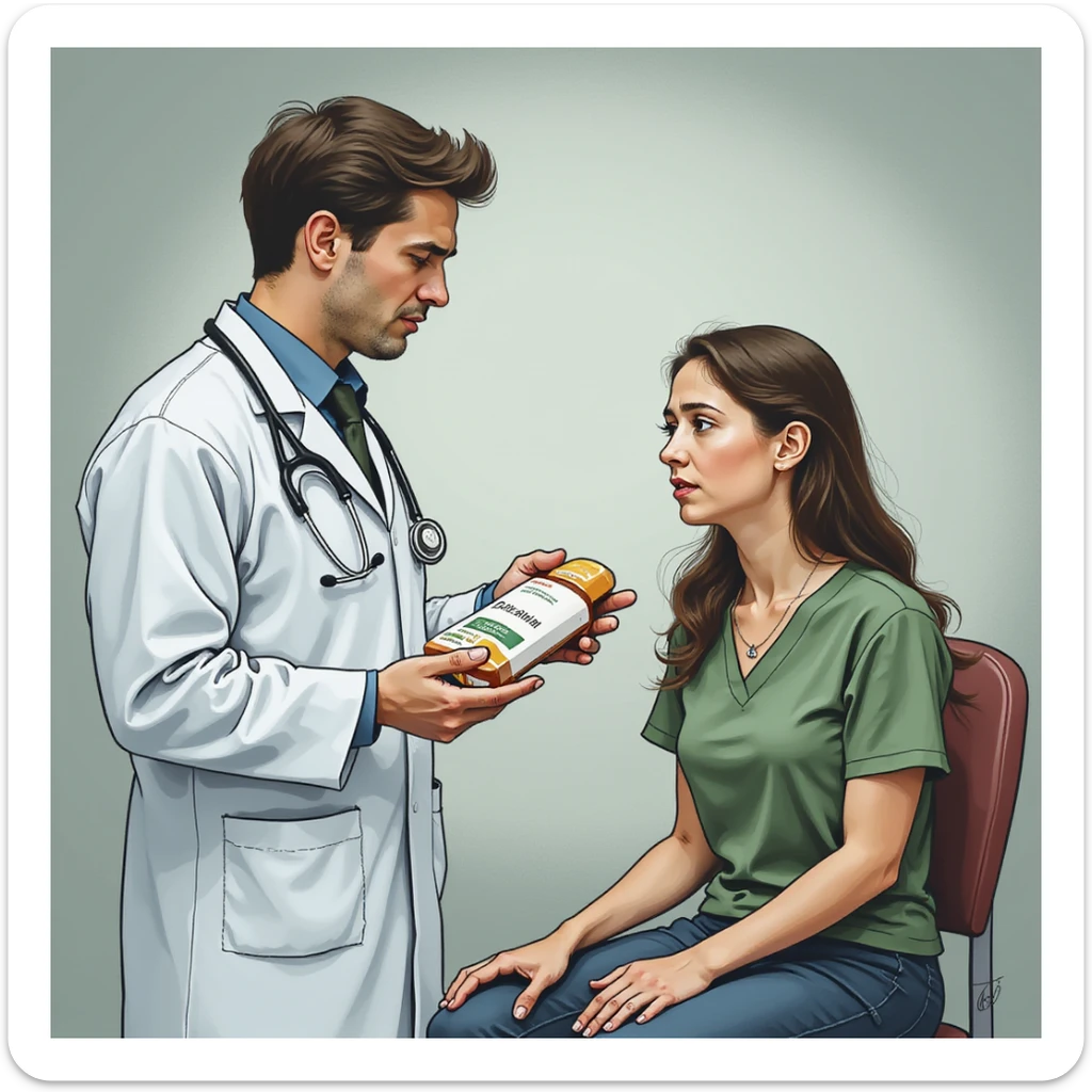 realistic illustration of a doctor in a white coat delivering medicine to a patient with a neutral or detached expression, the patient appears suffering, clinical background, atmosphere suggesting the medicine only masks symptoms sticker