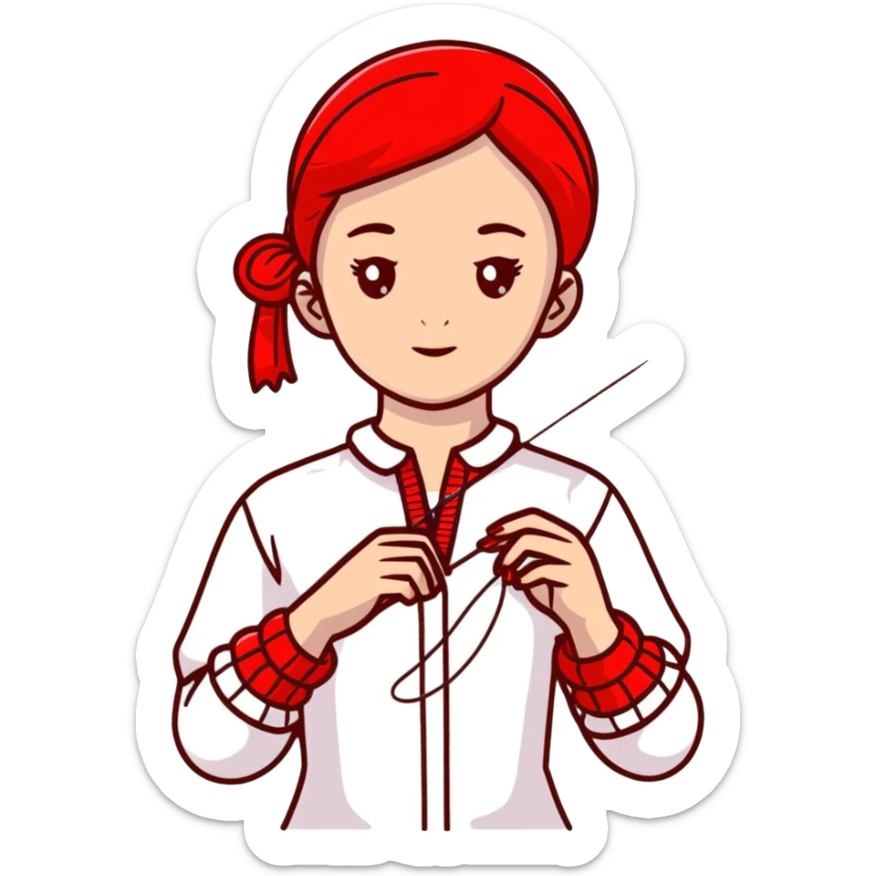 A young Ukrainian girl in a white embroidered shirt holds a red thread and a needle in her hand sticker