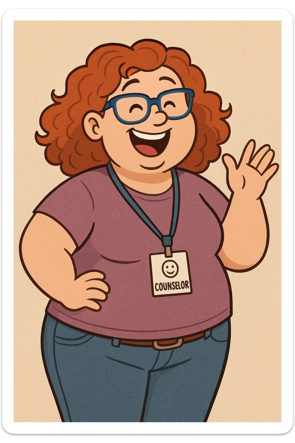 fun high school female counselor, curly red shoulder-length hair, blue glasses, overweight, cheerful expression, sense of humor, casual outfit, cartoon style sticker