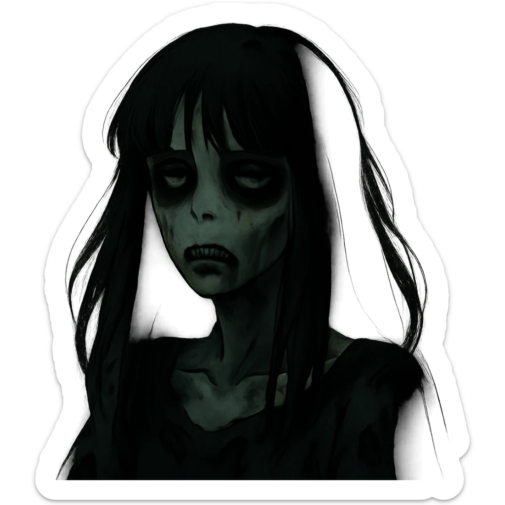 dark gothic style zombie girl with light skin, long black hair with bangs, moody and atmospheric sticker