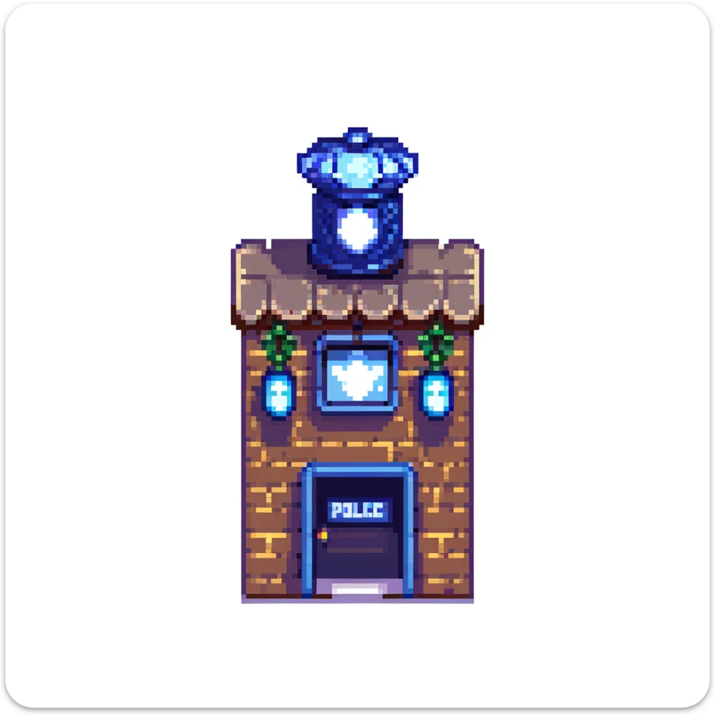 pixel art city police station with flashing lights and police sign sticker